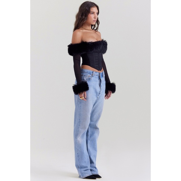 NEW House of CB Merle Faux Fur Trim Top Black XS - Picture 10 of 15